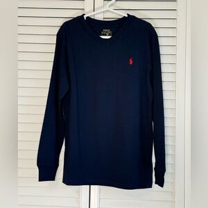 Polo Ralph Lauren Long Sleeve Tee Boys Youth V-Neck Navy Size 7 Red Pony NWT